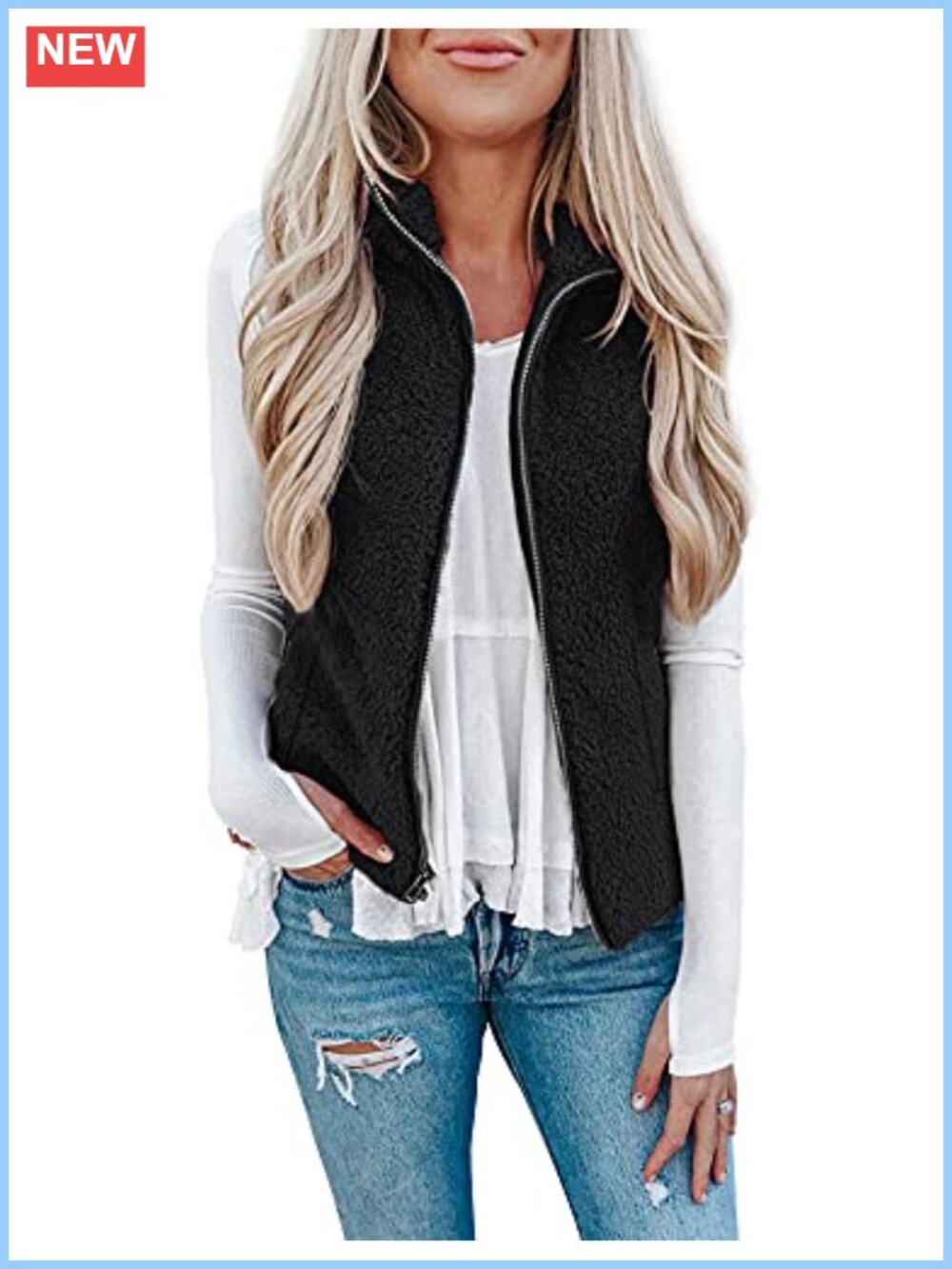 LOMON Fuzzy Sherpa Fleece Vest Lightweight Sleeveless Zip Cardigan